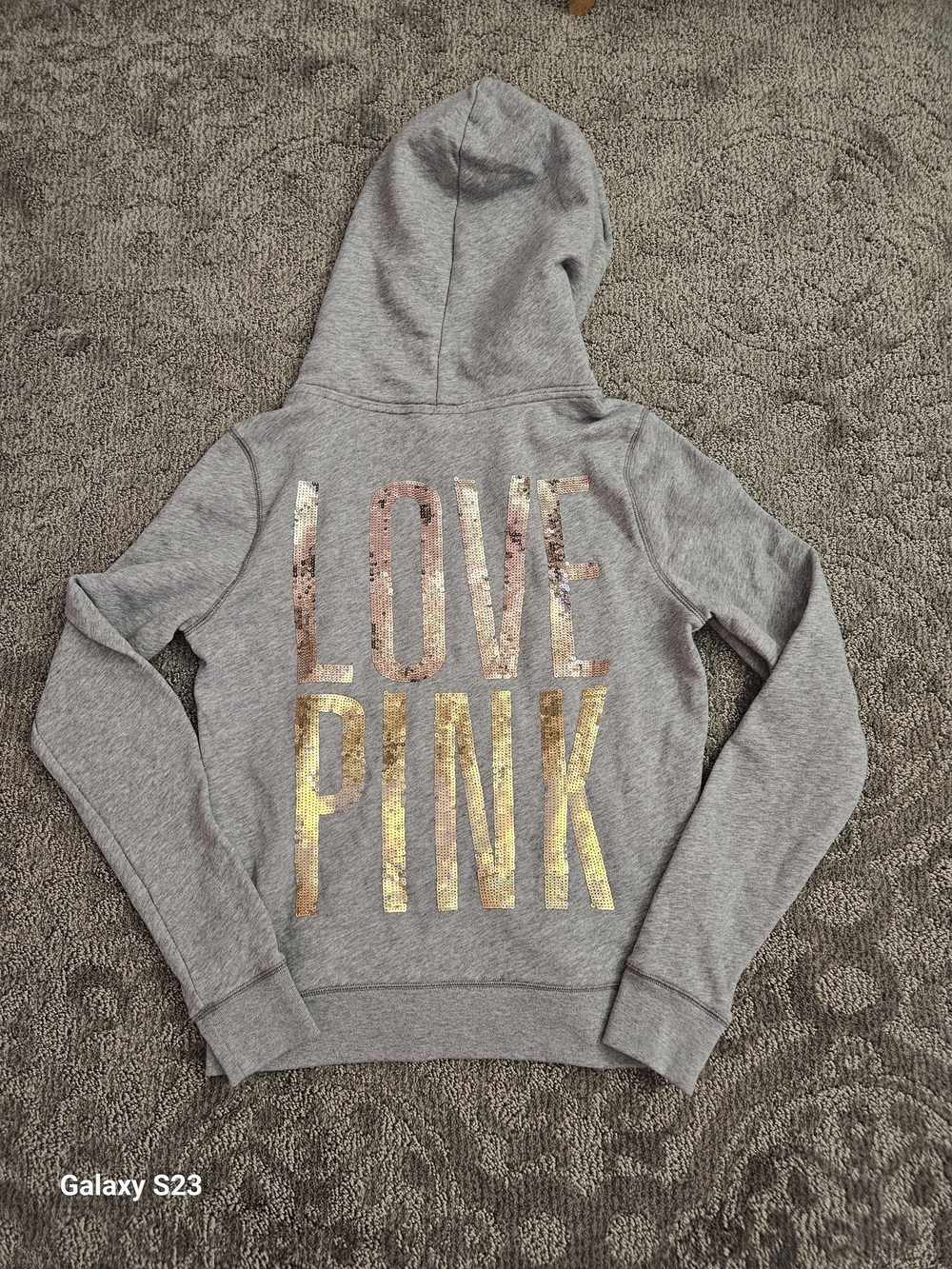 Victoria's Secret PINK gray pullover hoodie, gold and rose gold sequin Sz Med